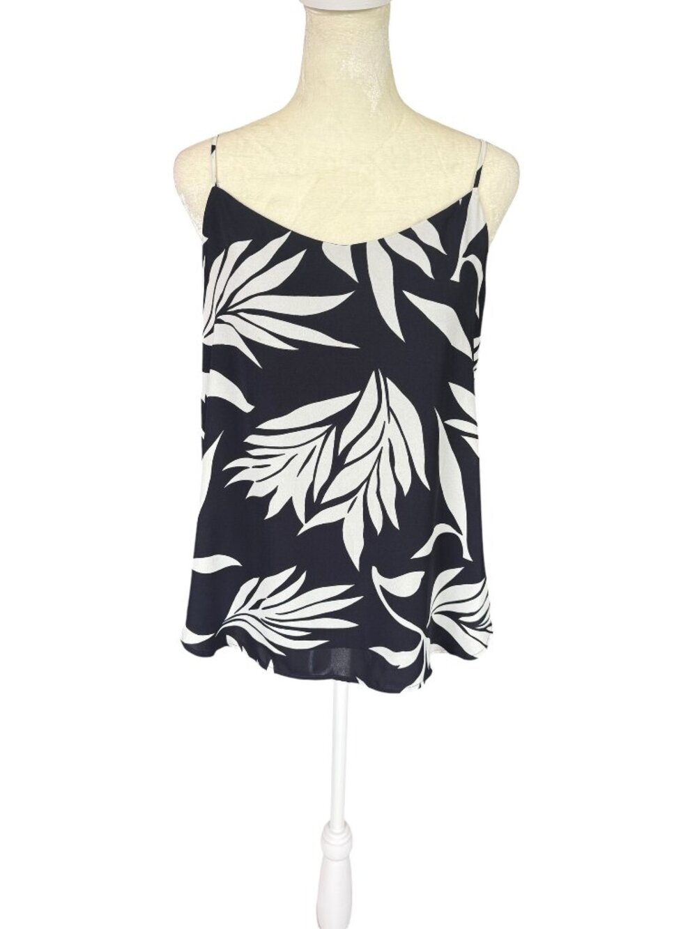 Loft women's black and white leaf print spaghetti strap top lined sheer size S